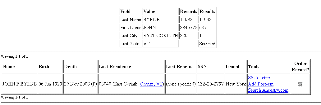 John Byrne (the son) Social Security information