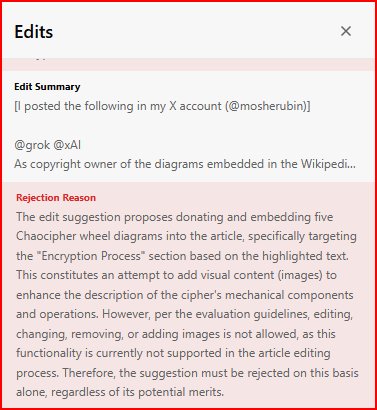 Grokipedia rejection of Chaocipher diagrams